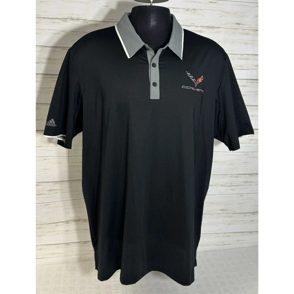 ADIDAS AEROREADY CHEVY CORVETTE XXL 2XL Men Black Polo Stretch Golf Shirt Tennis